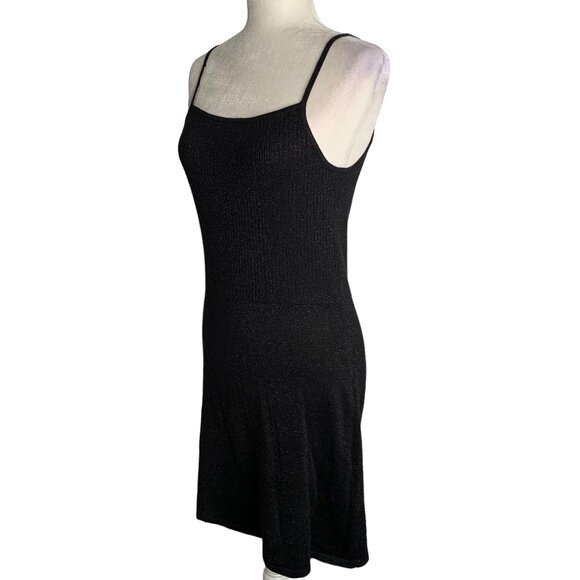 Vintage 90s Esprit Ribbed Knit Mini Dress M Black Metallic Spaghetti Straps - Picture 8 of 9